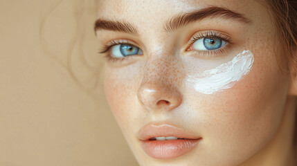 Girl applying cream to face. Portrait of fair-skinned young girl isolated on light background with copy space. Concept of youth and facial skin care