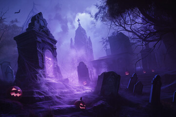 Purple tones Halloween Graveyard Illuminated with Jack-o'-Lanterns, Surrounded by Cobwebs and Ominous Mist 4:3