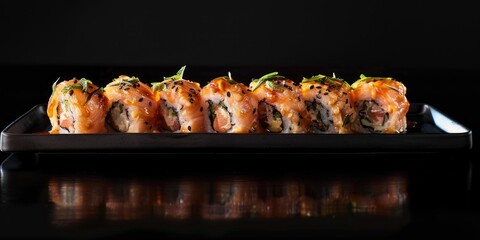 Poster - Fried salmon sushi roll on black platter