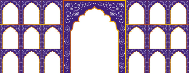 Wall Mural - Set of windows Beautiful Arch small and Big Design with Indian Rajasthani fort jaipur palace wall art. Wedding Backdrop. Abstract Indian floral design, Persian carpet, tribal texture, Vector.