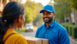 © Reubens Stock Photos - Friendly Indian Delivery Partner Handing Package to Customer