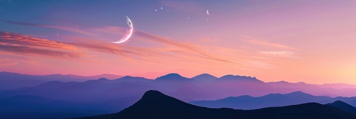 Canvas Print - Waxing Crescent Moon and Planets Rising Behind Mountain Silhouettes