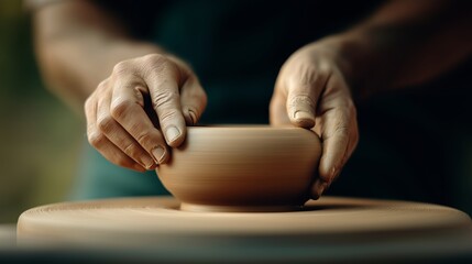 Close-up of a potter shaping a clay bowl on a pottery wheel, showcasing the art of pottery and craftsmanship.