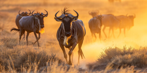 Wildebeest herd running in the savannah at sunset