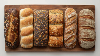 Variety of artisanal bread on a wooden board