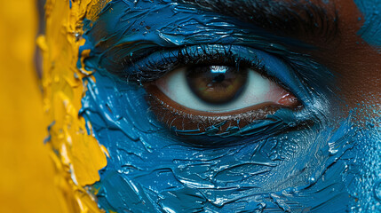 Wall Mural - Close-up of a person's eye with colorful blue and yellow face paint, highlighting detailed textures and vibrant hues.