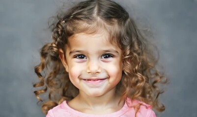 Wall Mural - Portrait of a cute little girl with curly hair on a gray background