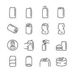 soda can, icon set. aluminum. closed, open, broken, crushed, hand holding can. metal soda can. line 