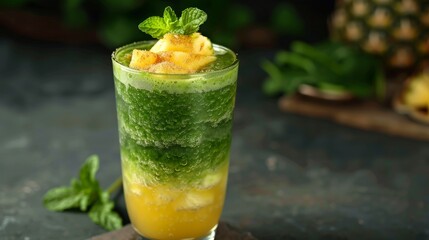 Wall Mural - Refreshing Green Smoothie with Spinach and Pineapple, Layered and Garnished with Fresh Mint