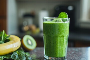 Wall Mural - Refreshing Green Smoothie with Spinach, Kiwi, and Banana in Minimalist Kitchen Setting