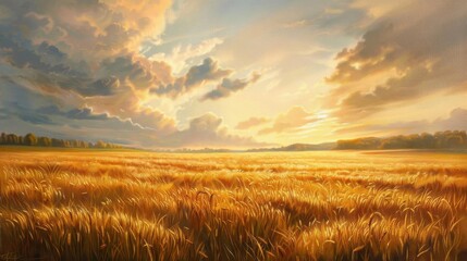 Wall Mural - idyllic wheat field bathed in warm morning sunlight cloudy sky realistic landscape painting