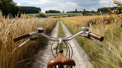 A person rides a bicycle past green fields and rolling hills on a sunny day.