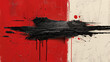 © Steven - Abstract painting with bold black splashes on a divided red and beige background.