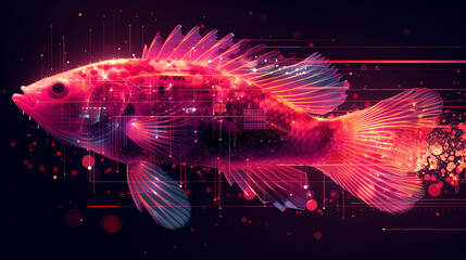 Wall Mural - A vibrant, digitally rendered fish with neon pink and red hues, glowing in a dark futuristic background, showcasing a blend of technology and nature.