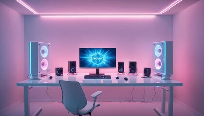 Wall Mural - minimalist computer gaming room in white with neon lights in ice blue and pink tones.