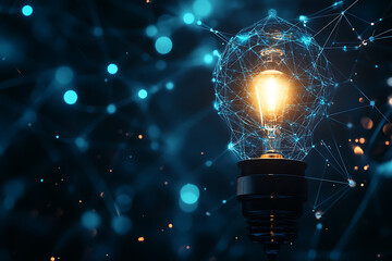 An abstract digital background banner showcasing a lamp, highlighted by connecting data points in blue and black colors.