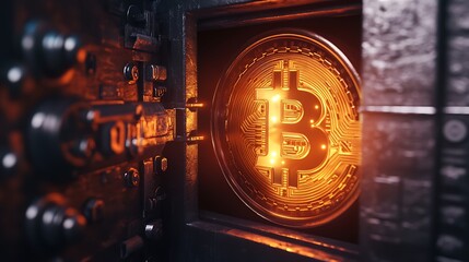 A secure vault door slightly open with a glowing Bitcoin symbol inside, representing security and storage of digital assets.