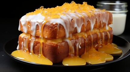 Wall Mural - Close view of a fresh lemon drizzle cake, featuring delicious textures, front view from above, studio lighting, white background.