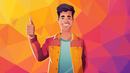 young man with a thumbs up gesture against a vibrant geometric background