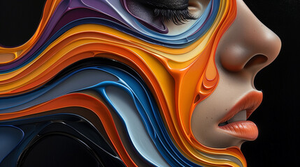 Wall Mural - Close-up of a woman's face with vibrant abstract paint strokes, highlighting her lips and eye in a dynamic and colorful composition.