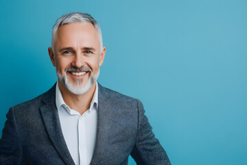 smiling businessman in front of a blue wall