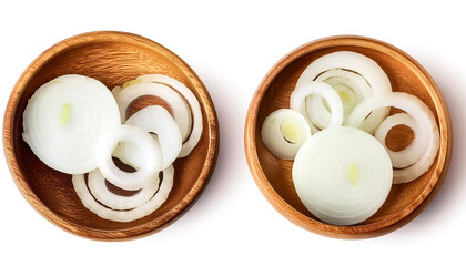 sliced ​​onion in wooden bowl isolated on white background