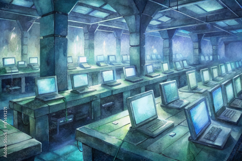 Luminous screens illuminate a dark room, rows of laptops and futuristic ...