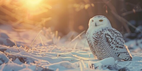 Sticker - Snowy Owl perched on snowy ground