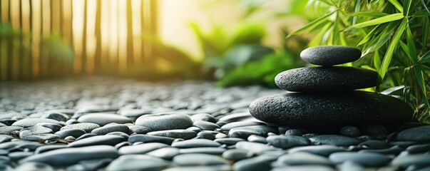peaceful zen garden with carefully balanced stones and lush bamboo backdrop, epitomizing tranquility