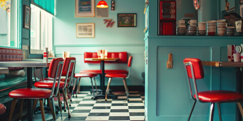 Poster - A restaurant with red chairs and tables