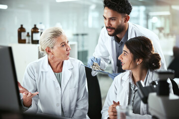 Wall Mural - computer, discussion and manager with scientists in lab for pharmaceutical innovation with drug tria