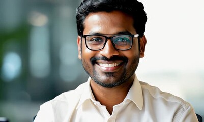 Canvas Print - Portrait of a smiling Indian man wearing glasses and white shirt.