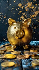 A golden piggy bank stands among scattered coins on a dark surface