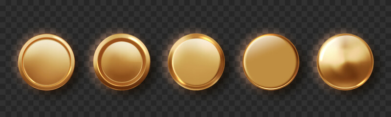 Golden button realistic isolated. Set of shiny round frames medal or coin, winner emblems. Realistic round shiny blank 3d medal for champions prize