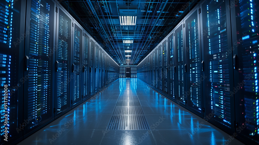 server room. Modern data center corridor with rows of server racks ...