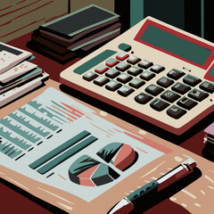 Poster - Finance managment workspace with calculator pen finance documents, annual report. Flat Vector Illustration