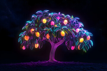 Wall Mural - Futuristic neon silhouette of a sapodilla tree in a neon forest isotated on black background.