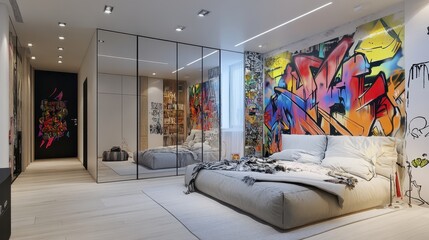 Canvas Print - Modern bedroom with a vibrant graffiti art feature wall, a large bed, a mirrored closet, and a shelf with various items