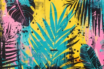 tropical leaves and palm trees in pink, yellow and turquoise with black brush strokes, ink splashes and polka dots Generative AI