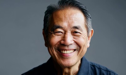 Wall Mural - Portrait of a happy middle-aged asian man on grey background