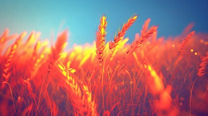 Poster -   A close-up of a field of green grass against a blue sky with a few golden flowers in the foreground