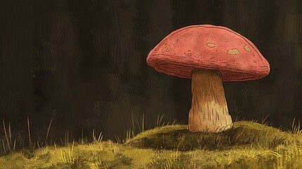 Wall Mural -   A mushroom perched on a grassy field, framed by a dark wooden panel