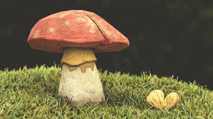 Wall Mural -   A red and white mushroom sits atop a green grass patch, alongside acorns