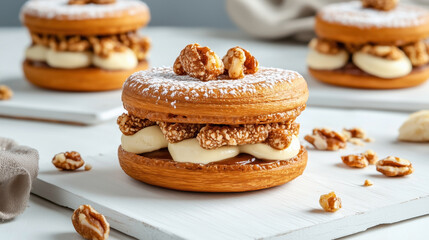 Sticker - Traditional French food Paris-Brest. A choux pastry filled with praline cream, topped with nuts and powdered sugar.