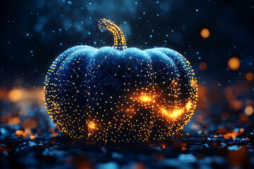 An abstract digital background banner featuring a Halloween pumpkin, accentuated by connecting data points in blue and black colors