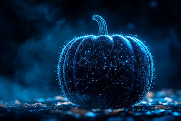 An abstract digital background banner featuring a Halloween pumpkin, accentuated by connecting data points in blue and black colors.