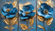 © Clipart Collectors - Set of three modern 3D floral wall art panels in blue and gold
