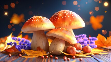 Canvas Print -   A collection of mushrooms resting atop a mound of foliage adjacent to another pile on the earth's surface