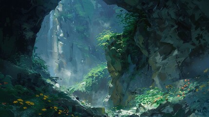 Poster -  A cave adorned with vibrant green foliage coexists beside an expansive, verdant forest brimming with golden and orange blossoms