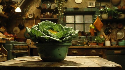 Wall Mural -  Green potted plant on wooden table in pot-filled room